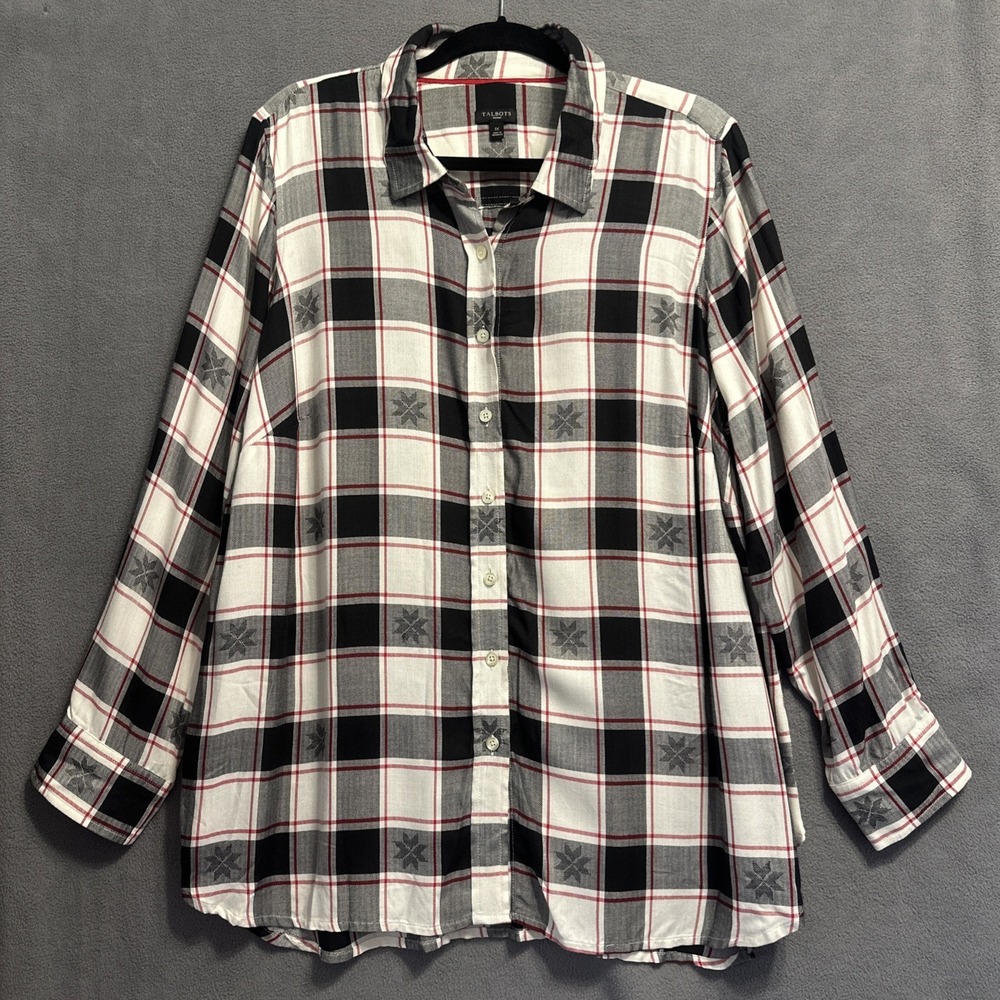 Talbots Plaid Button Up Shirt  Plus Size 1X Black Red Holiday Country Nordic